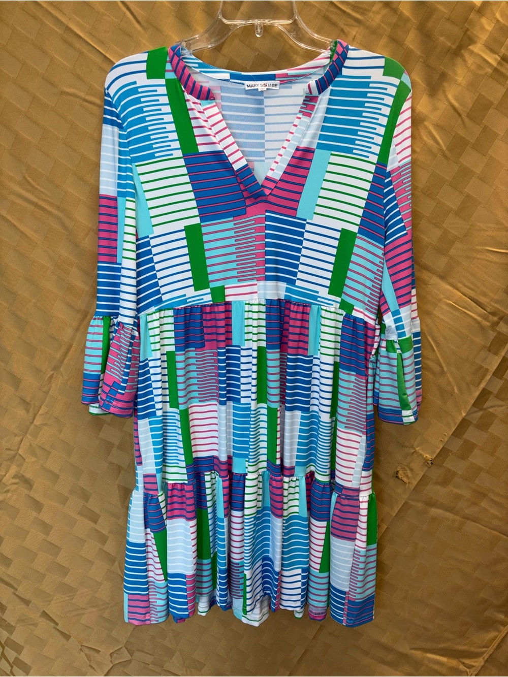 Mary Jane Geo-Print Tiered Midi Dress in Blue, Green & Pink